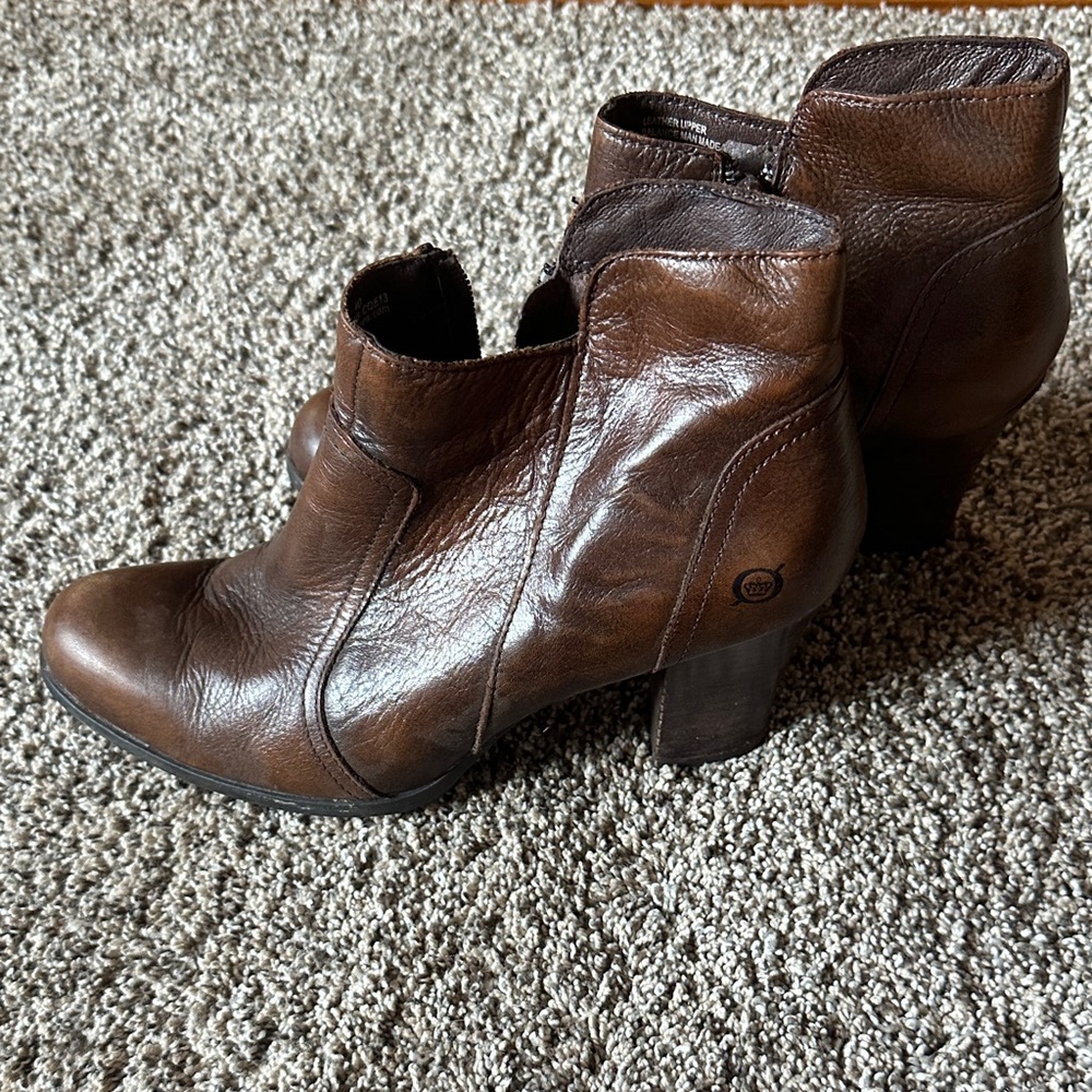 Born Brown Leather Ankle Booties with Stacked Heel
